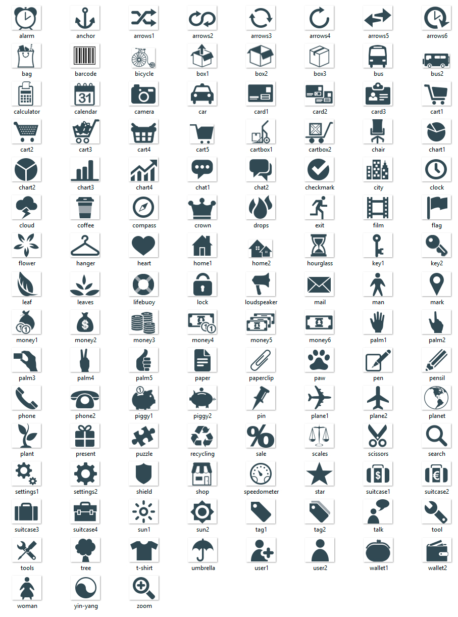 The set of available icons of Yourshop design theme